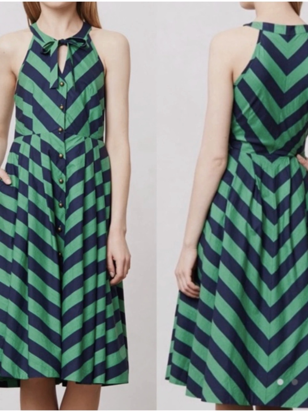 Anthropologie Navy and Green Chevron Halter Midi Dress